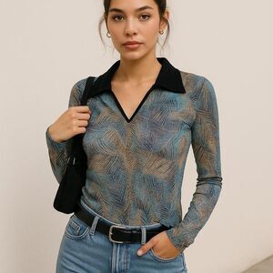 vintage Y2K 2000s retro Blue and black Brittany Black blouse shirt